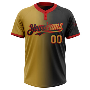Custom Black Old Gold-Red Gradient Fashion Two-Button Unisex Softball Jersey