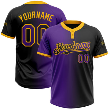 Custom Black Purple-Gold Gradient Fashion Two-Button Unisex Softball Jersey