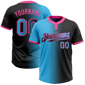 Custom Black Sky Blue-Pink Gradient Fashion Two-Button Unisex Softball Jersey