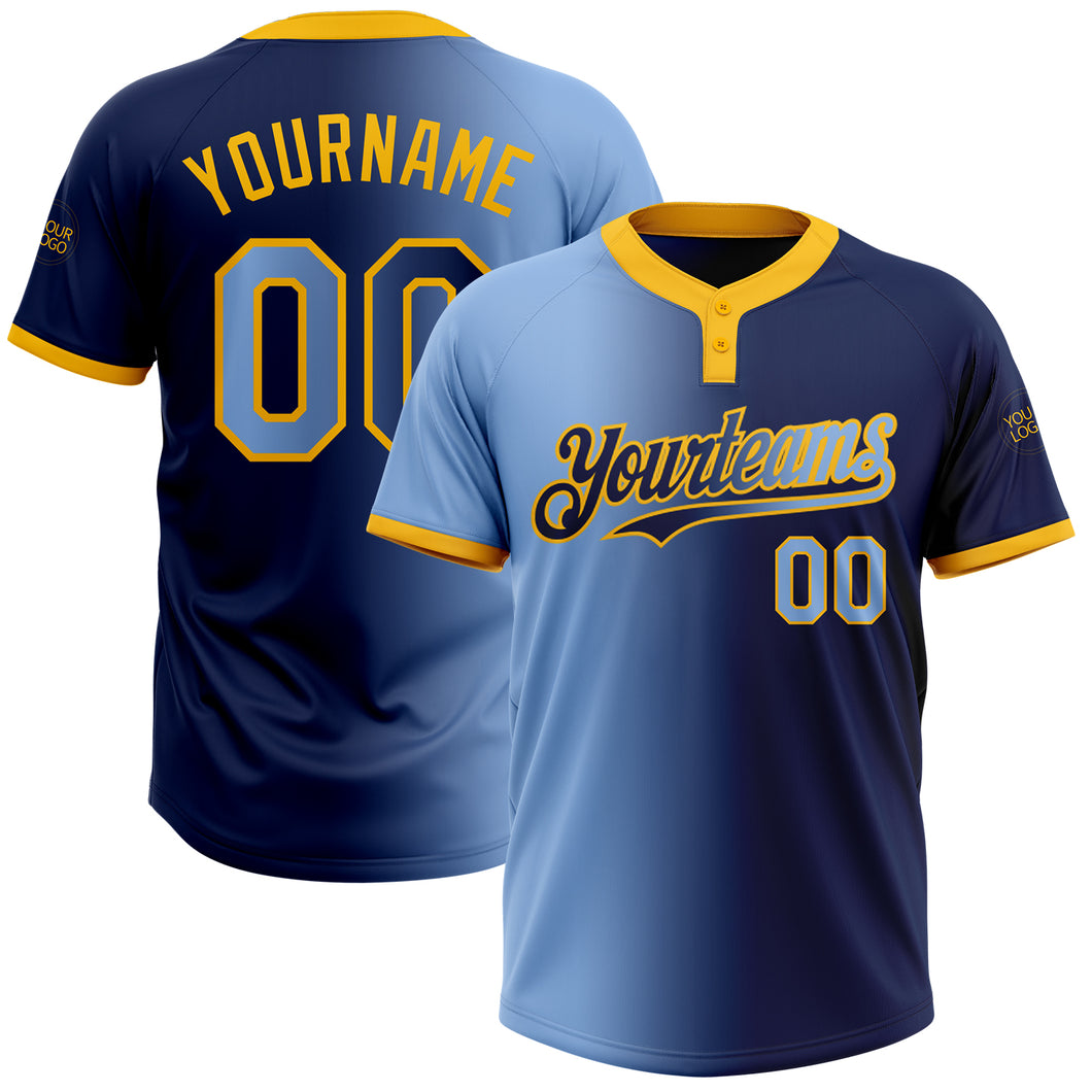 Custom Navy Light Blue-Gold Gradient Fashion Two-Button Unisex Softball Jersey