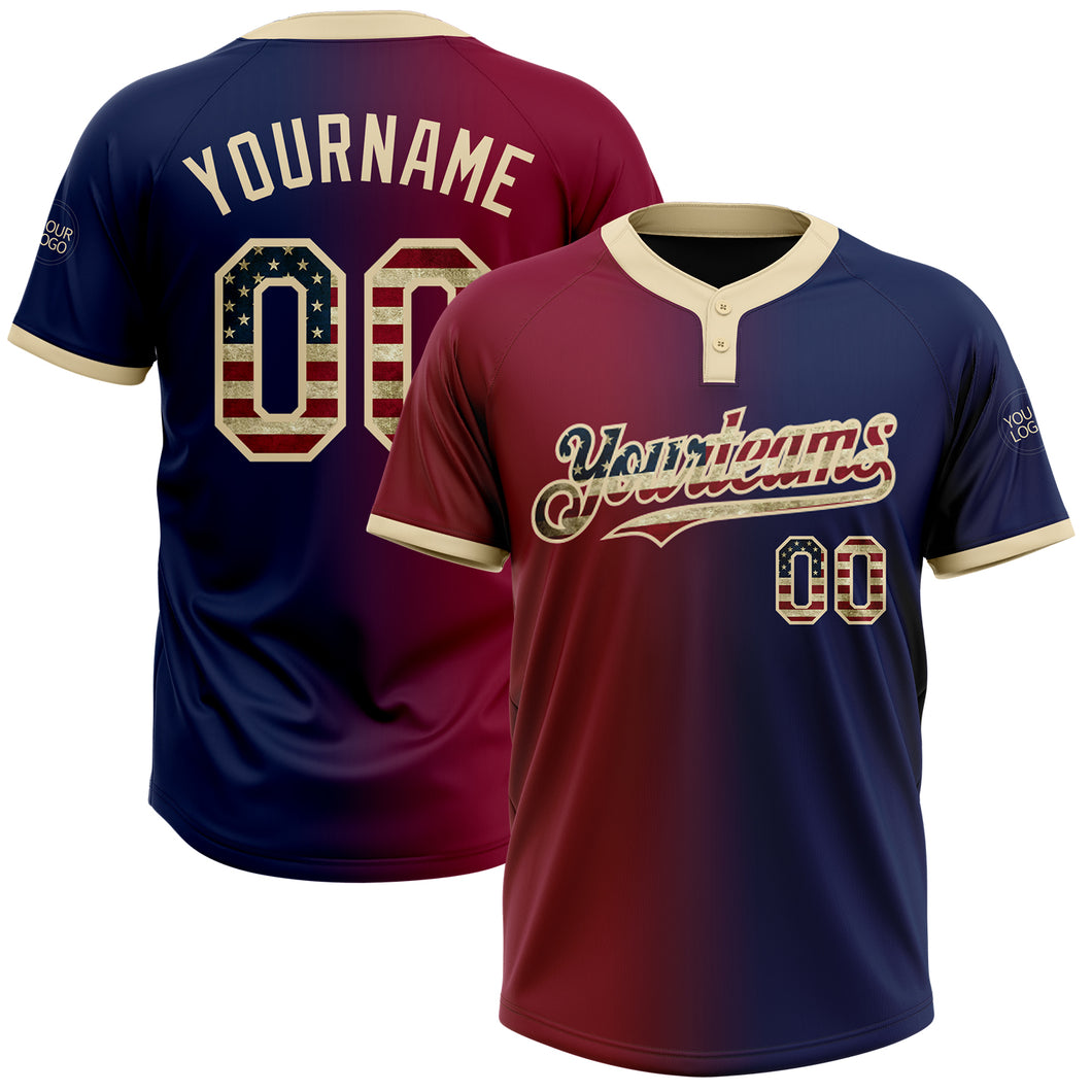 Custom Navy Vintage USA Flag Maroon-City Cream Gradient Fashion Two-Button Unisex Softball Jersey