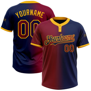 Custom Navy Maroon-Gold Gradient Fashion Two-Button Unisex Softball Jersey