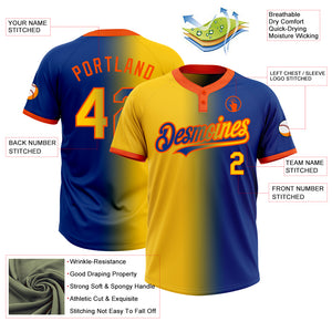 Custom Royal Yellow-Orange Gradient Fashion Two-Button Unisex Softball Jersey