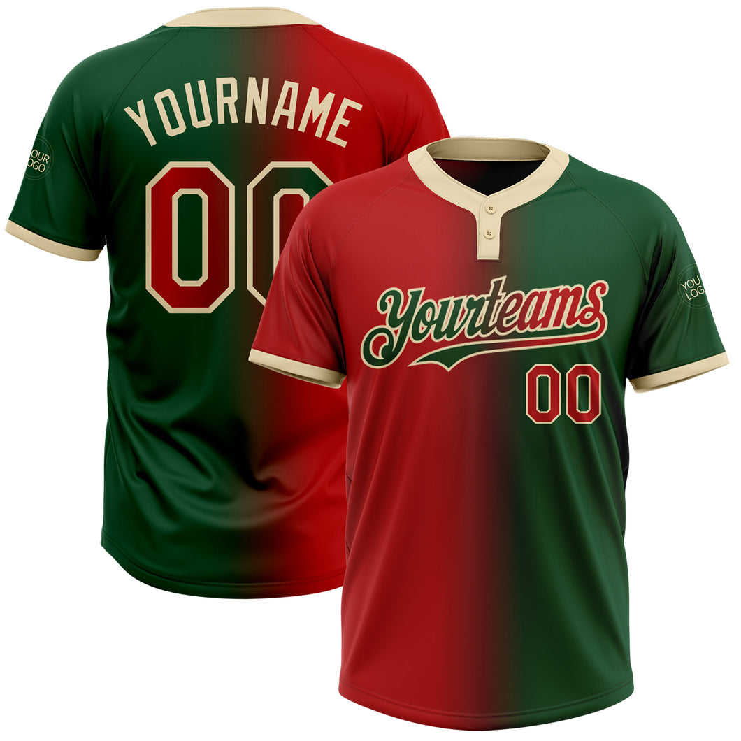 Custom Green Red-Cream Gradient Fashion Two-Button Unisex Softball Jersey