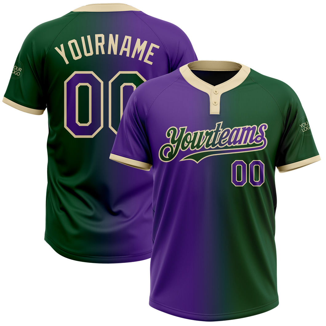 Custom Green Purple-Cream Gradient Fashion Two-Button Unisex Softball Jersey