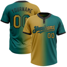 Load image into Gallery viewer, Custom Teal Old Gold-Black Gradient Fashion Two-Button Unisex Softball Jersey
