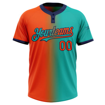 Custom Aqua Orange-Navy Gradient Fashion Two-Button Unisex Softball Jersey