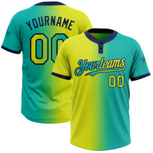 Load image into Gallery viewer, Custom Aqua Neon Yellow-Navy Gradient Fashion Two-Button Unisex Softball Jersey
