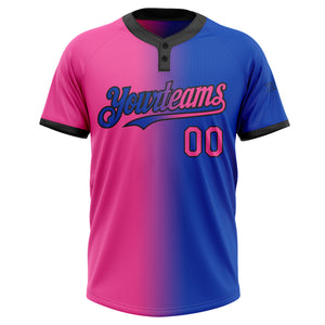 Custom Thunder Blue Pink-Black Gradient Fashion Two-Button Unisex Softball Jersey