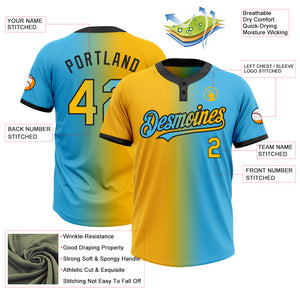 Custom Sky Blue Gold-Black Gradient Fashion Two-Button Unisex Softball Jersey