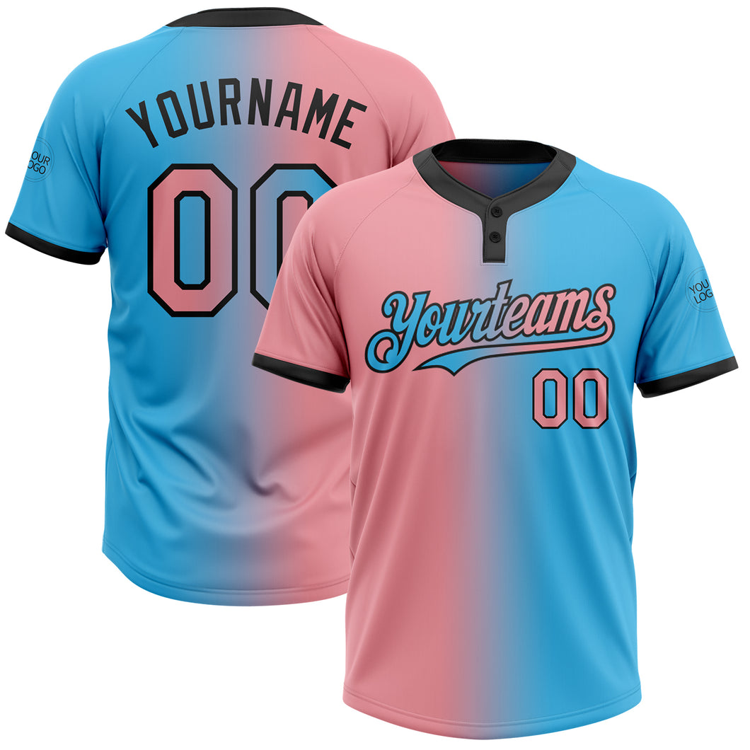 Custom Sky Blue Medium Pink-Black Gradient Fashion Two-Button Unisex Softball Jersey