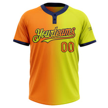 Load image into Gallery viewer, Custom Neon Yellow Bay Orange-Navy Gradient Fashion Two-Button Unisex Softball Jersey
