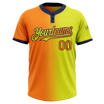 Custom Neon Yellow Bay Orange-Navy Gradient Fashion Two-Button Unisex Softball Jersey