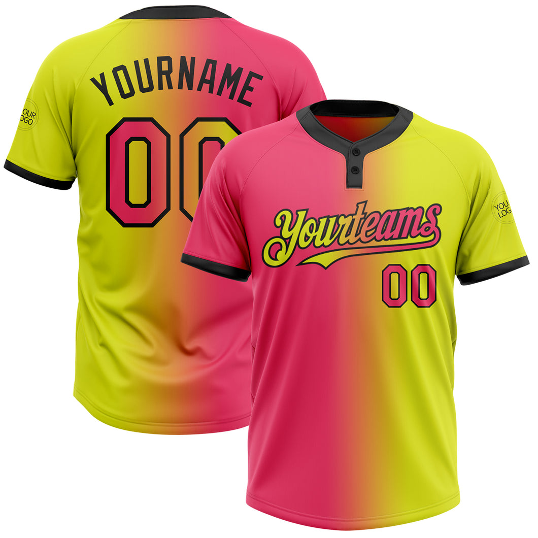 Custom Neon Yellow Neon Pink-Black Gradient Fashion Two-Button Unisex Softball Jersey