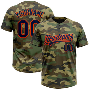 Custom Camo Navy-Orange Salute To Service Two-Button Unisex Softball Jersey