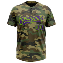 Load image into Gallery viewer, Custom Camo Purple-Neon Green Salute To Service Two-Button Unisex Softball Jersey
