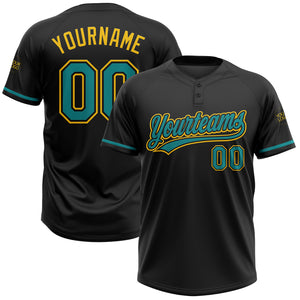 Custom Black Teal-Yellow Two-Button Unisex Softball Jersey