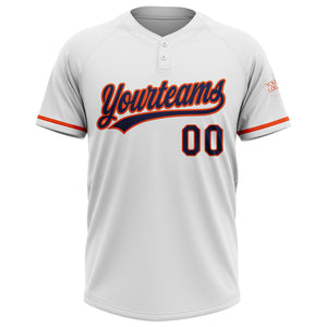 Custom White Navy-Orange Two-Button Unisex Softball Jersey