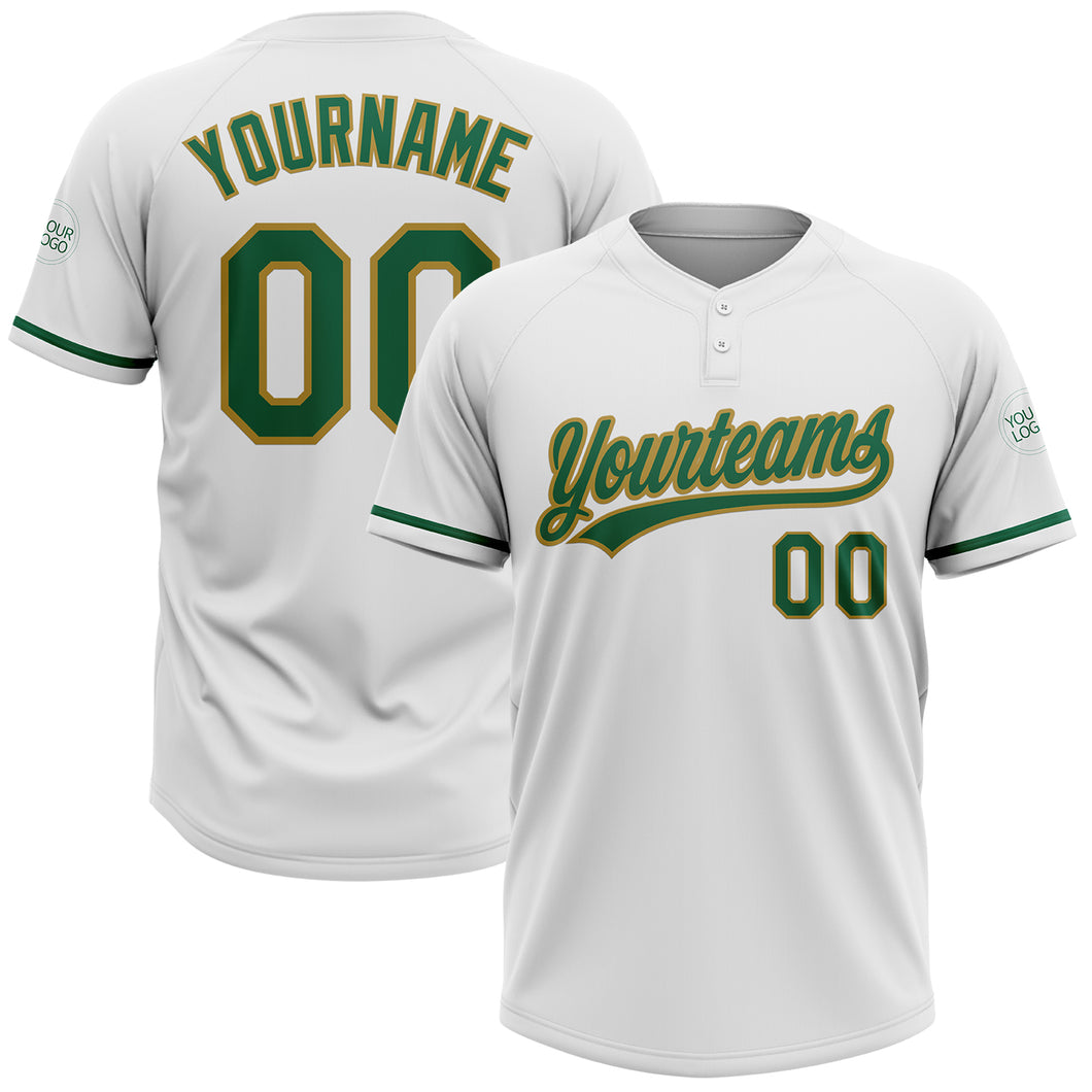 Custom White Kelly Green-Old Gold Two-Button Unisex Softball Jersey