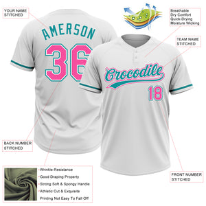 Custom White Pink-Teal Two-Button Unisex Softball Jersey