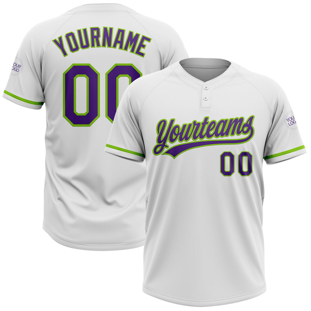 Custom White Purple-Neon Green Two-Button Unisex Softball Jersey