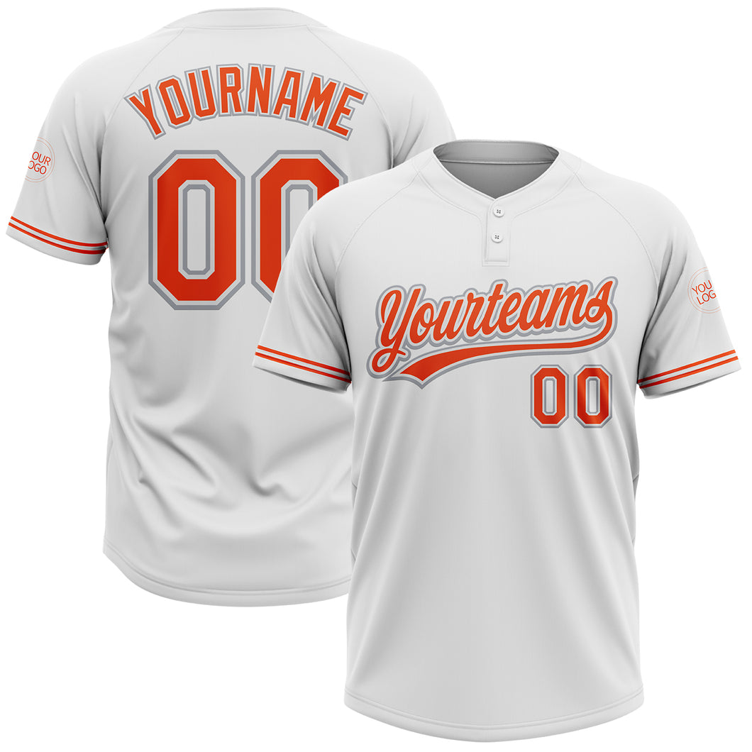 Custom White Orange-Gray Two-Button Unisex Softball Jersey