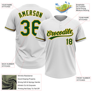 Custom White Green-Gold Two-Button Unisex Softball Jersey