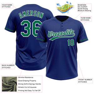 Custom Royal Kelly Green-White Two-Button Unisex Softball Jersey