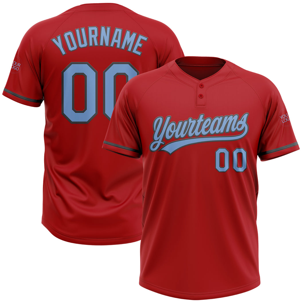 Custom Red Light Blue-Steel Gray Two-Button Unisex Softball Jersey