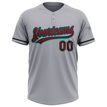 Load image into Gallery viewer, Custom Gray Crimson Black-Aqua Two-Button Unisex Softball Jersey
