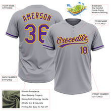 Load image into Gallery viewer, Custom Gray Purple-Gold Two-Button Unisex Softball Jersey
