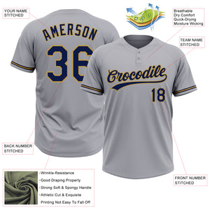 Custom Gray Navy-Old Gold Two-Button Unisex Softball Jersey