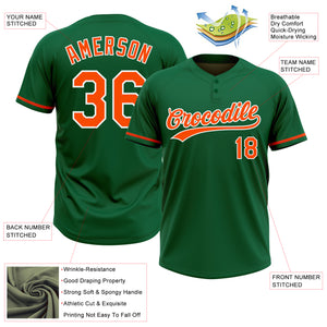 Custom Kelly Green Orange-White Two-Button Unisex Softball Jersey