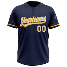 Load image into Gallery viewer, Custom Navy White-Gold Two-Button Unisex Softball Jersey
