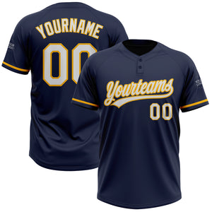 Custom Navy White-Gold Two-Button Unisex Softball Jersey