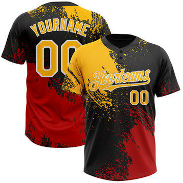 Custom Black Gold-Red 3D Pattern Abstract Brush Stroke Two-Button Unisex Softball Jersey