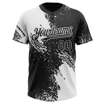 Custom White Black 3D Pattern Abstract Brush Stroke Two-Button Unisex Softball Jersey