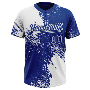 Custom White Royal 3D Pattern Abstract Brush Stroke Two-Button Unisex Softball Jersey