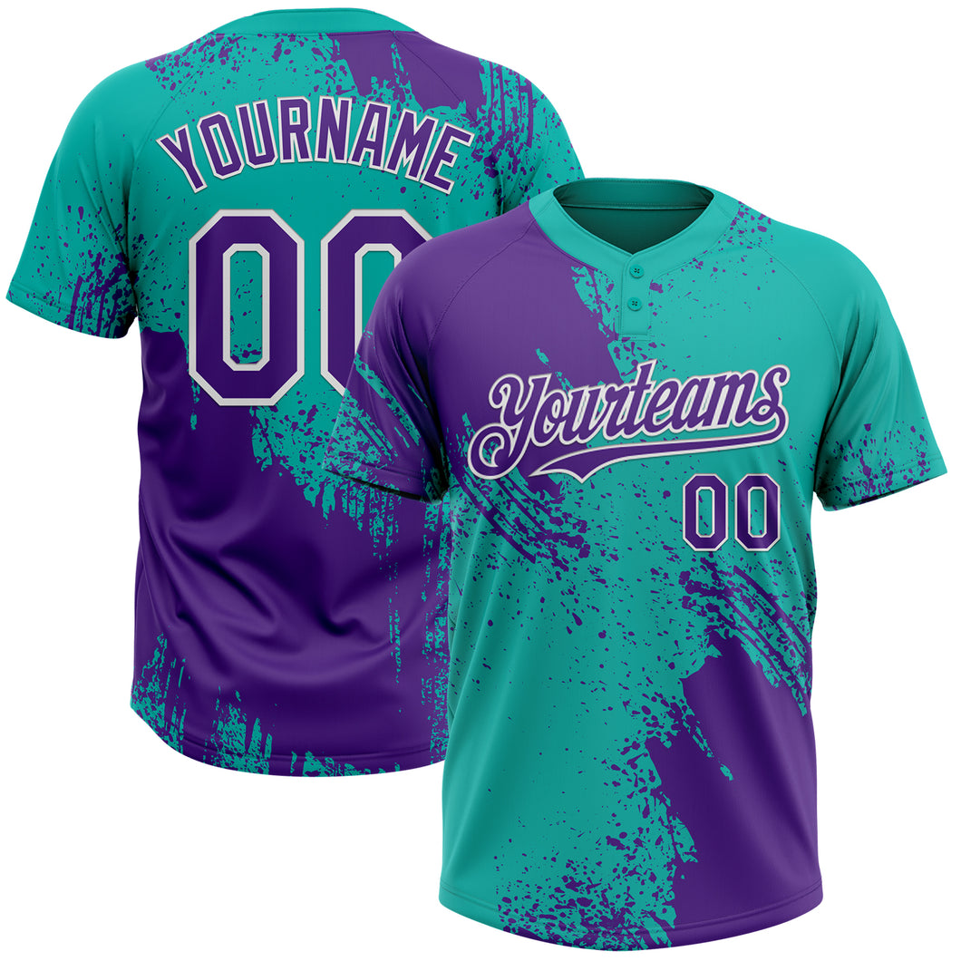 Custom Purple Aqua-White 3D Pattern Abstract Brush Stroke Two-Button Unisex Softball Jersey