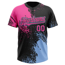 Load image into Gallery viewer, Custom Black Pink-Light Blue 3D Pattern Abstract Brush Stroke Two-Button Unisex Softball Jersey
