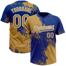 Load image into Gallery viewer, Custom Old Gold Royal-White 3D Pattern Abstract Brush Stroke Two-Button Unisex Softball Jersey
