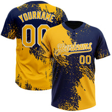 Load image into Gallery viewer, Custom Gold Navy-White 3D Pattern Abstract Brush Stroke Two-Button Unisex Softball Jersey
