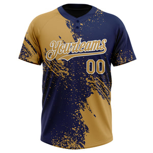 Custom Old Gold Navy-White 3D Pattern Abstract Brush Stroke Two-Button Unisex Softball Jersey