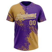 Load image into Gallery viewer, Custom Old Gold Purple-White 3D Pattern Abstract Brush Stroke Two-Button Unisex Softball Jersey
