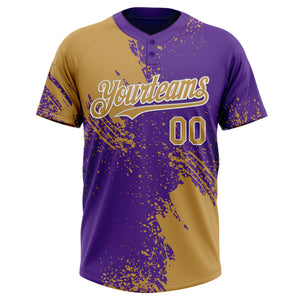 Custom Old Gold Purple-White 3D Pattern Abstract Brush Stroke Two-Button Unisex Softball Jersey