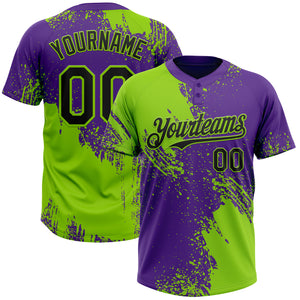 Custom Neon Green Black-Purple 3D Pattern Abstract Brush Stroke Two-Button Unisex Softball Jersey