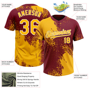 Custom Gold Crimson-White 3D Pattern Abstract Brush Stroke Two-Button Unisex Softball Jersey