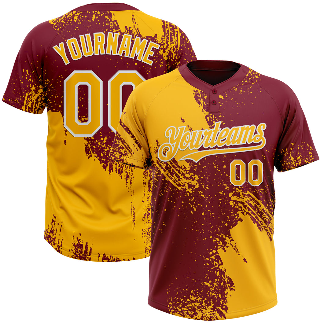 Custom Gold Crimson-White 3D Pattern Abstract Brush Stroke Two-Button Unisex Softball Jersey