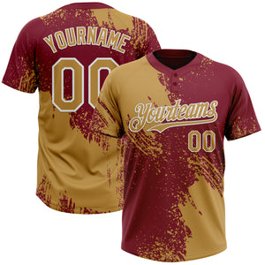 Custom Old Gold Crimson-White 3D Pattern Abstract Brush Stroke Two-Button Unisex Softball Jersey