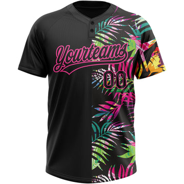Custom Black Pink 3D Pattern Hawaii Tropical Palm Leaves Two-Button Unisex Softball Jersey